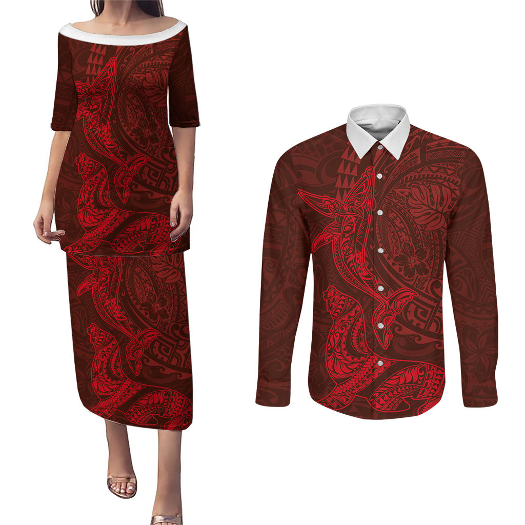 Hawaiian Monk Seal and Whale Couples Matching Puletasi and Long Sleeve Button Shirt Kakau Tribal Pattern Red Color LT03 Red - Polynesian Pride