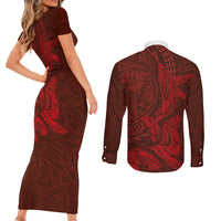 Hawaiian Monk Seal and Whale Couples Matching Short Sleeve Bodycon Dress and Long Sleeve Button Shirt Kakau Tribal Pattern Red Color LT03 - Polynesian Pride