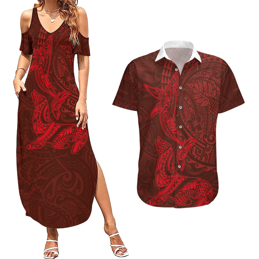 Hawaiian Monk Seal and Whale Couples Matching Summer Maxi Dress and Hawaiian Shirt Kakau Tribal Pattern Red Color LT03 Red - Polynesian Pride