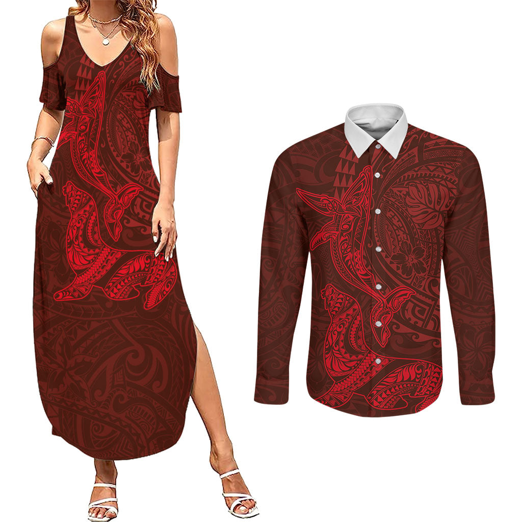 Hawaiian Monk Seal and Whale Couples Matching Summer Maxi Dress and Long Sleeve Button Shirt Kakau Tribal Pattern Red Color LT03 Red - Polynesian Pride