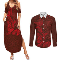 Hawaiian Monk Seal and Whale Couples Matching Summer Maxi Dress and Long Sleeve Button Shirt Kakau Tribal Pattern Red Color LT03 Red - Polynesian Pride