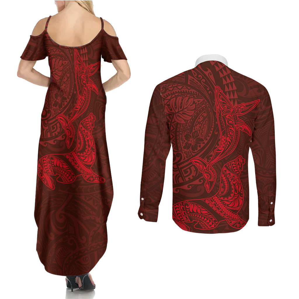 Hawaiian Monk Seal and Whale Couples Matching Summer Maxi Dress and Long Sleeve Button Shirt Kakau Tribal Pattern Red Color LT03 - Polynesian Pride