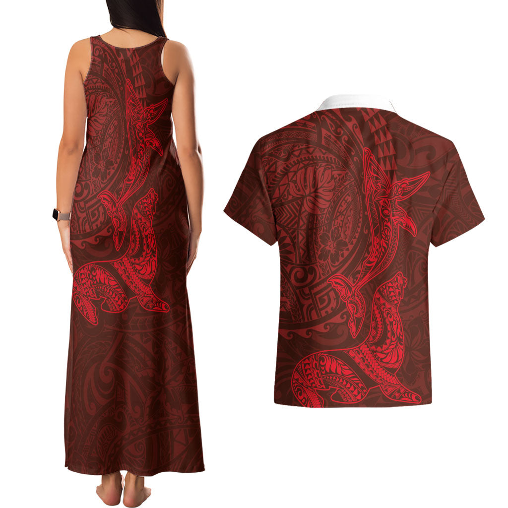 Hawaiian Monk Seal and Whale Couples Matching Tank Maxi Dress and Hawaiian Shirt Kakau Tribal Pattern Red Color LT03 - Polynesian Pride