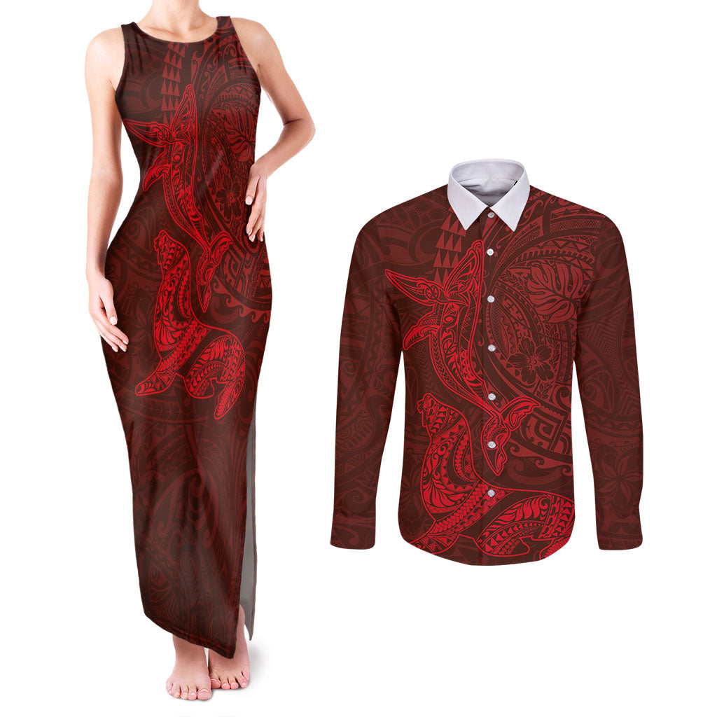 Hawaiian Monk Seal and Whale Couples Matching Tank Maxi Dress and Long Sleeve Button Shirt Kakau Tribal Pattern Red Color LT03 Red - Polynesian Pride