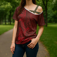Hawaiian Monk Seal and Whale Cross Shoulder Shirt Kakau Tribal Pattern Red Color