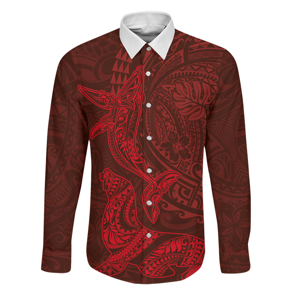 Hawaiian Monk Seal and Whale Family Matching Long Sleeve Bodycon Dress and Hawaiian Shirt Kakau Tribal Pattern Red Color LT03 Dad's Shirt - Long Sleeve Red - Polynesian Pride