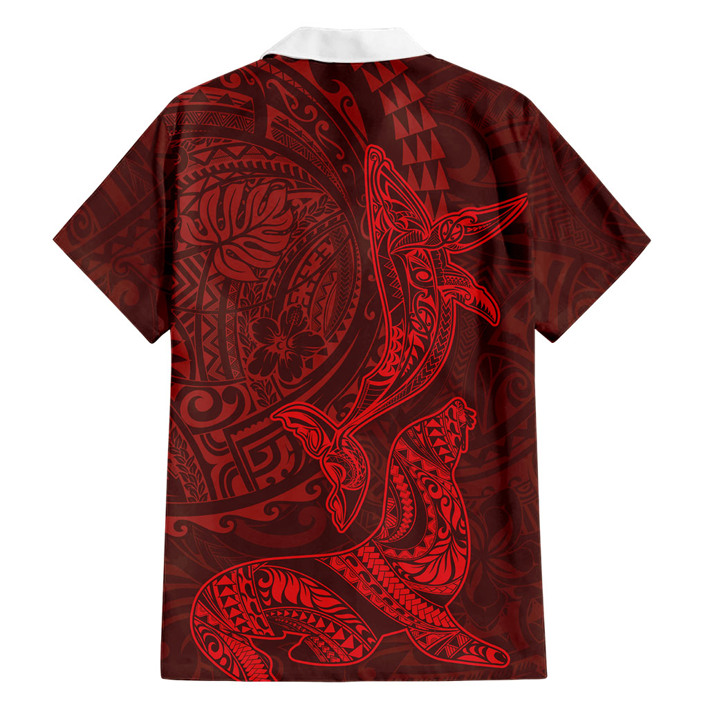 Hawaiian Monk Seal and Whale Family Matching Mermaid Dress and Hawaiian Shirt Kakau Tribal Pattern Red Color LT03 - Polynesian Pride