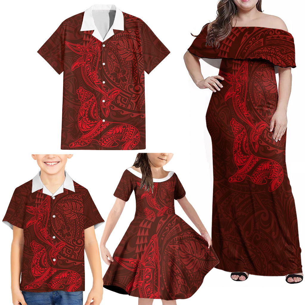 Hawaiian Monk Seal and Whale Family Matching Off Shoulder Maxi Dress and Hawaiian Shirt Kakau Tribal Pattern Red Color LT03 - Polynesian Pride