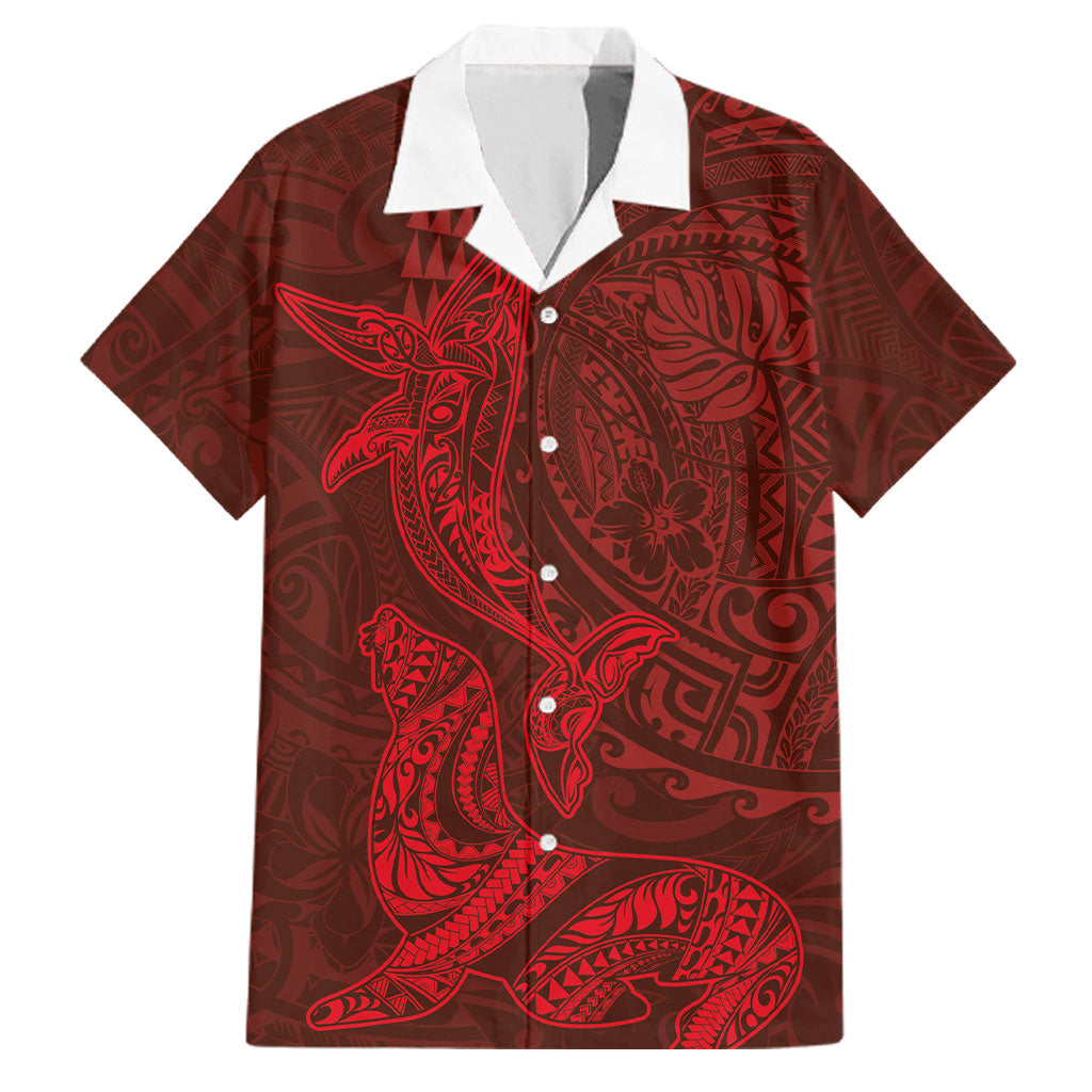 Hawaiian Monk Seal and Whale Family Matching Off Shoulder Maxi Dress and Hawaiian Shirt Kakau Tribal Pattern Red Color LT03 Dad's Shirt - Short Sleeve Red - Polynesian Pride