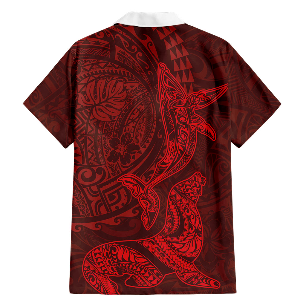 Hawaiian Monk Seal and Whale Family Matching Off Shoulder Maxi Dress and Hawaiian Shirt Kakau Tribal Pattern Red Color LT03 - Polynesian Pride