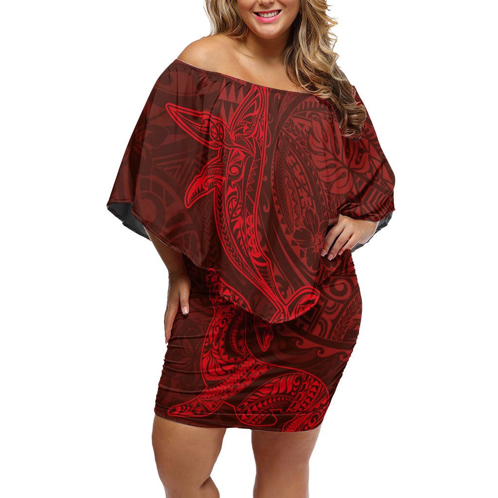 Hawaiian Monk Seal and Whale Family Matching Off Shoulder Short Dress and Hawaiian Shirt Kakau Tribal Pattern Red Color LT03 Mom's Dress Red - Polynesian Pride
