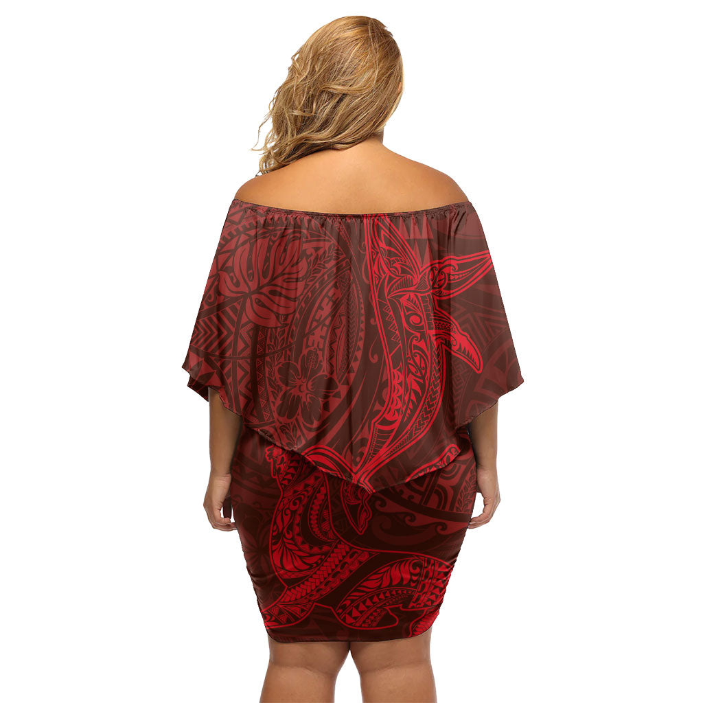 Hawaiian Monk Seal and Whale Family Matching Off Shoulder Short Dress and Hawaiian Shirt Kakau Tribal Pattern Red Color LT03 - Polynesian Pride