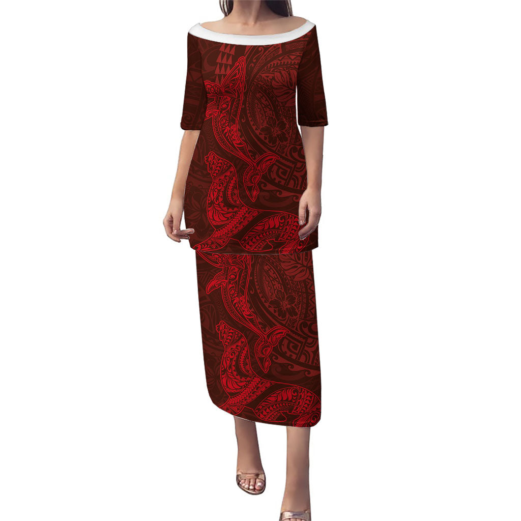 Hawaiian Monk Seal and Whale Family Matching Puletasi and Hawaiian Shirt Kakau Tribal Pattern Red Color LT03 Mom's Dress Red - Polynesian Pride