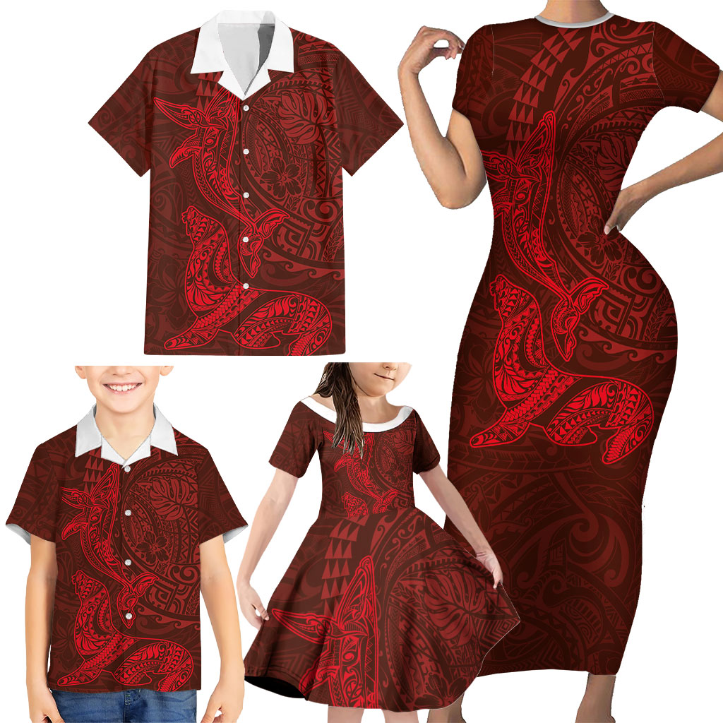 Hawaiian Monk Seal and Whale Family Matching Short Sleeve Bodycon Dress and Hawaiian Shirt Kakau Tribal Pattern Red Color LT03 - Polynesian Pride