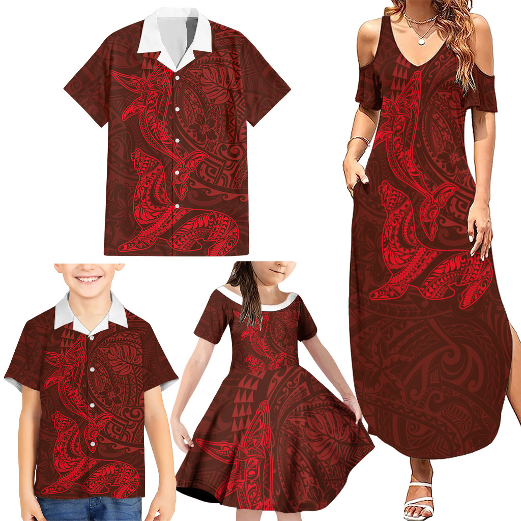 Hawaiian Monk Seal and Whale Family Matching Summer Maxi Dress and Hawaiian Shirt Kakau Tribal Pattern Red Color