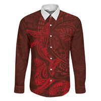 Hawaiian Monk Seal and Whale Family Matching Summer Maxi Dress and Hawaiian Shirt Kakau Tribal Pattern Red Color LT03 Dad's Shirt - Long Sleeve Red - Polynesian Pride