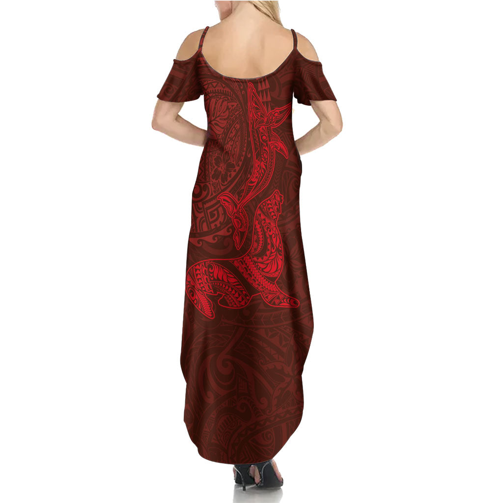 Hawaiian Monk Seal and Whale Family Matching Summer Maxi Dress and Hawaiian Shirt Kakau Tribal Pattern Red Color LT03 - Polynesian Pride