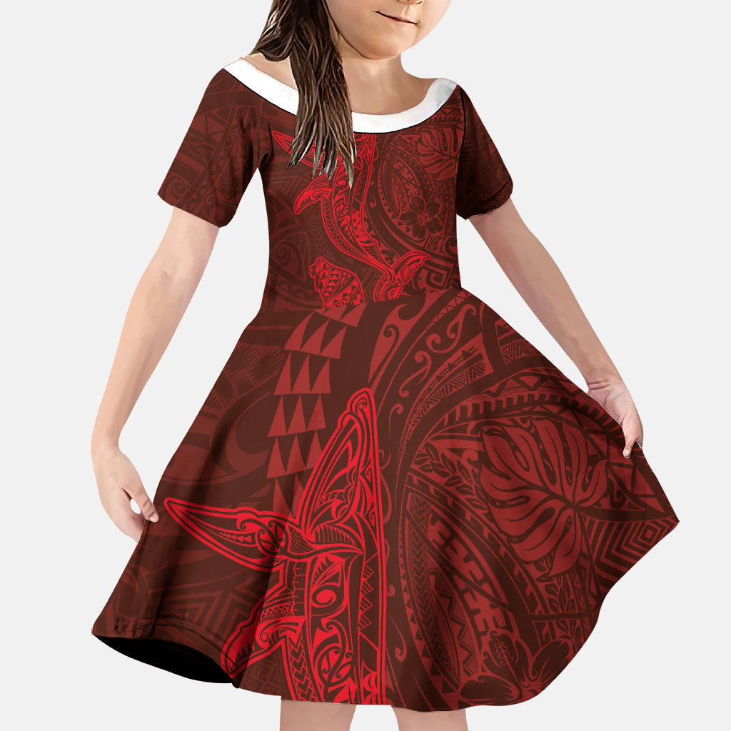 Hawaiian Monk Seal and Whale Family Matching Tank Maxi Dress and Hawaiian Shirt Kakau Tribal Pattern Red Color LT03 Daughter's Dress Red - Polynesian Pride