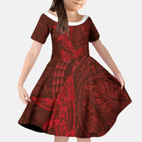 Hawaiian Monk Seal and Whale Family Matching Tank Maxi Dress and Hawaiian Shirt Kakau Tribal Pattern Red Color LT03 Daughter's Dress Red - Polynesian Pride