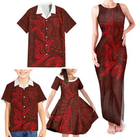 Hawaiian Monk Seal and Whale Family Matching Tank Maxi Dress and Hawaiian Shirt Kakau Tribal Pattern Red Color LT03 - Polynesian Pride