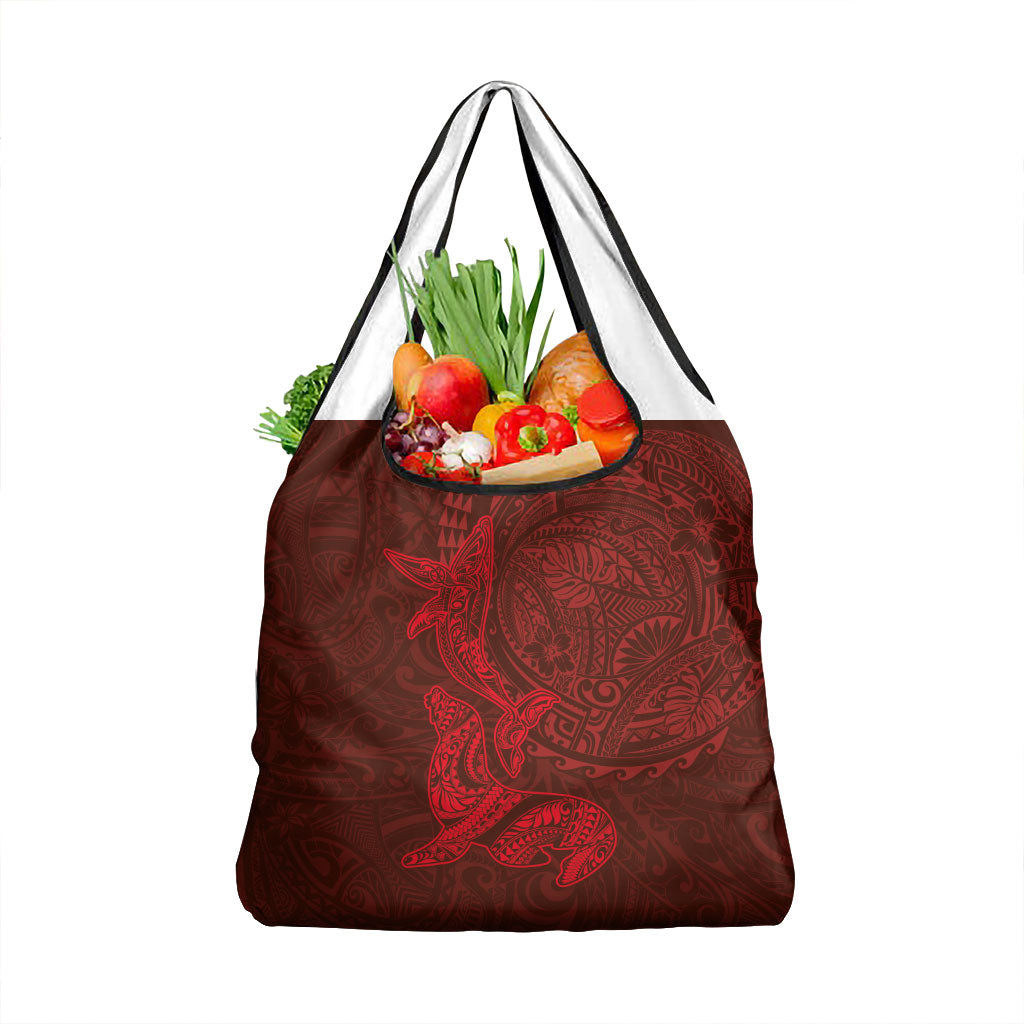 Hawaiian Monk Seal and Whale Grocery Bag Kakau Tribal Pattern Red Color