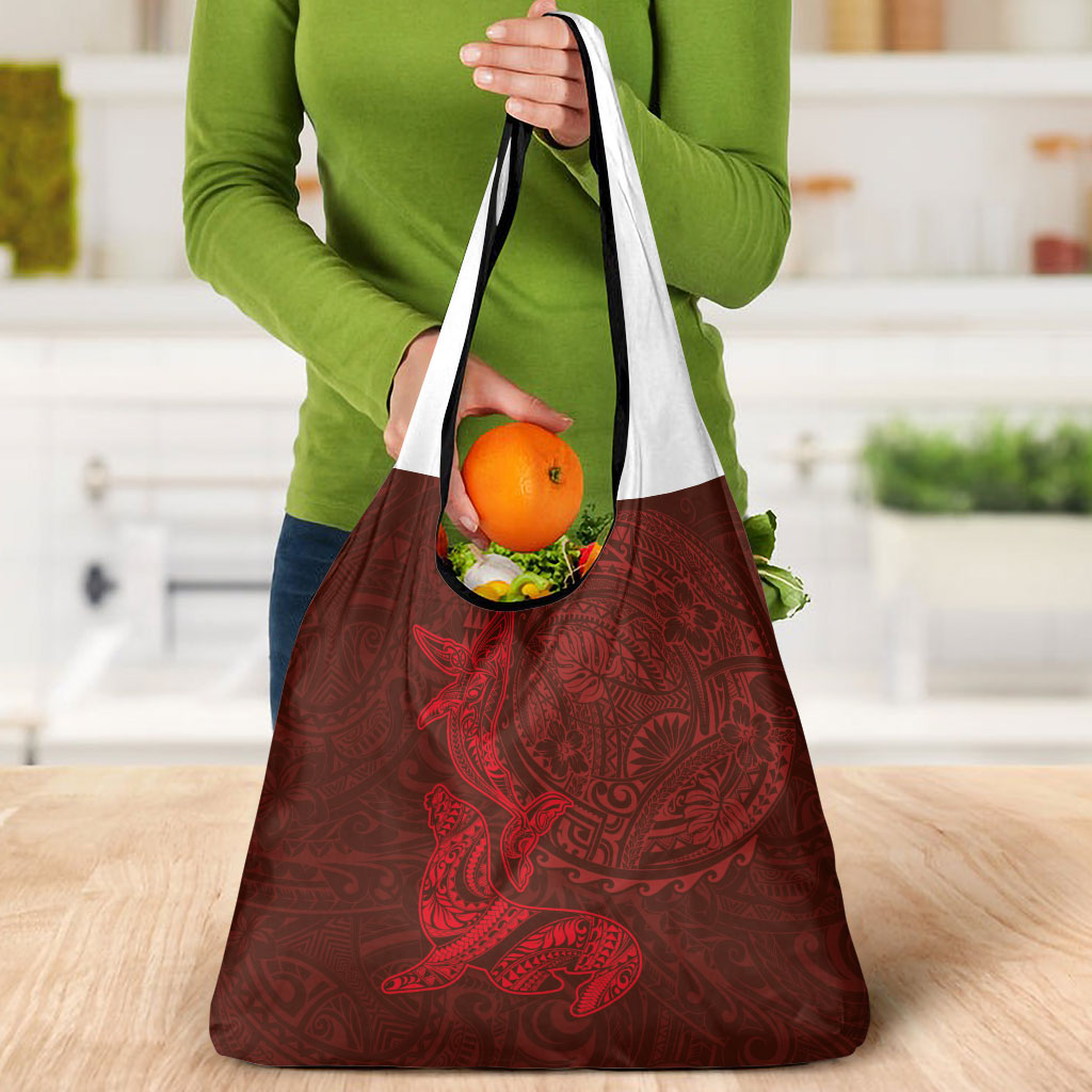 Hawaiian Monk Seal and Whale Grocery Bag Kakau Tribal Pattern Red Color