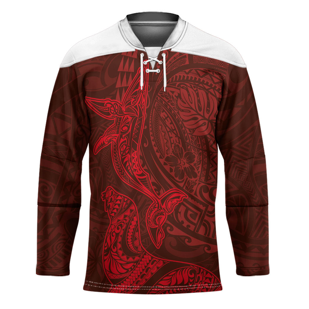 Hawaiian Monk Seal and Whale Hockey Jersey Kakau Tribal Pattern Red Color