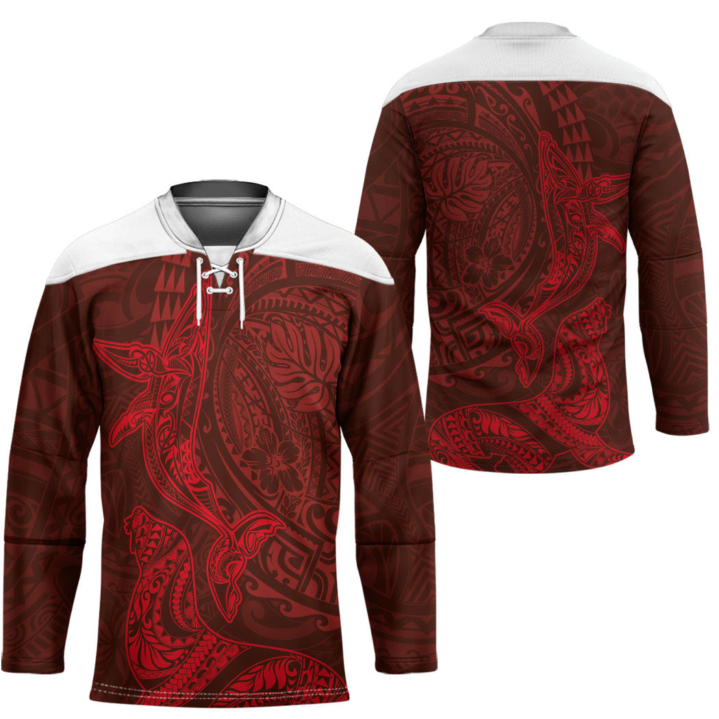 Hawaiian Monk Seal and Whale Hockey Jersey Kakau Tribal Pattern Red Color