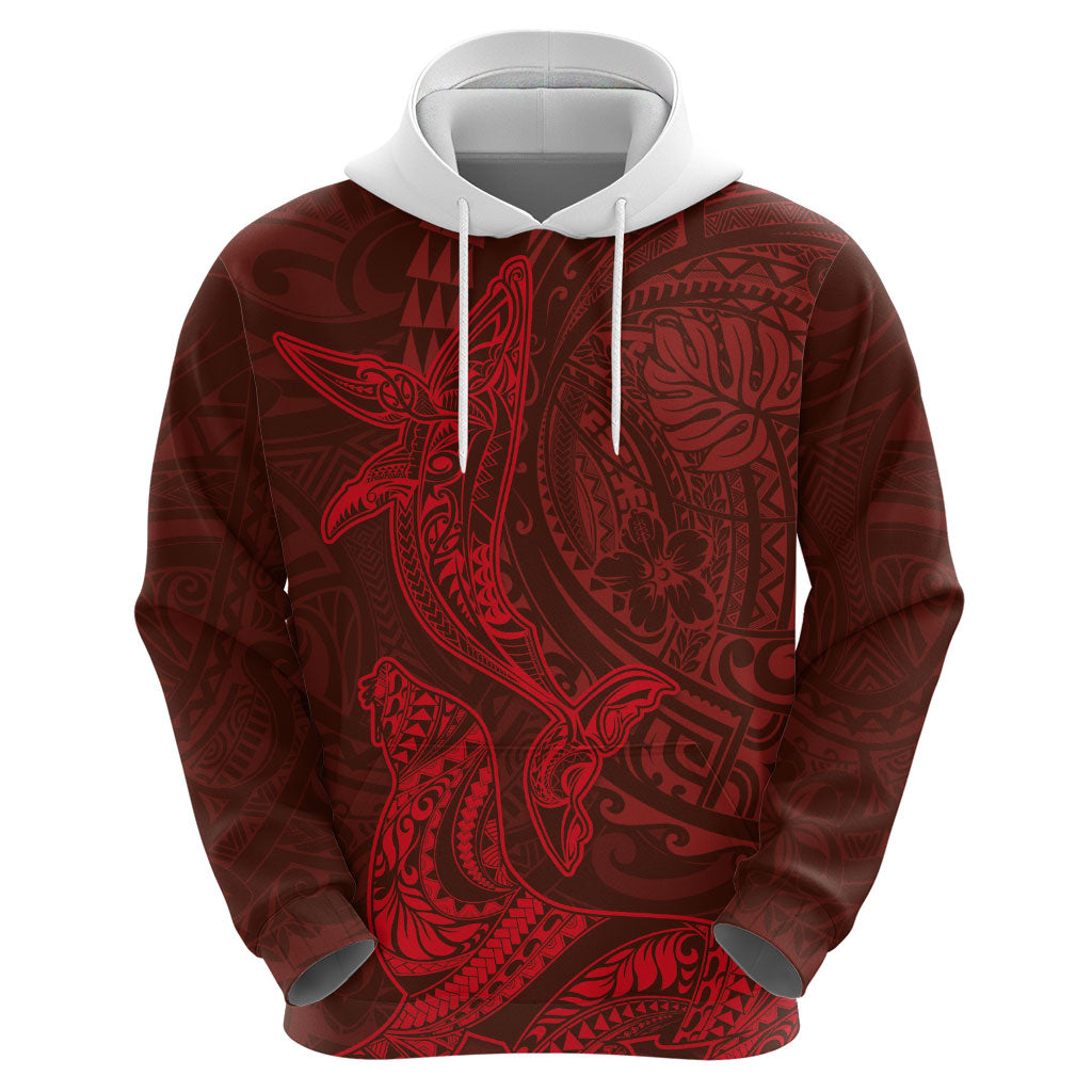 Hawaiian Monk Seal and Whale Hoodie Kakau Tribal Pattern Red Color