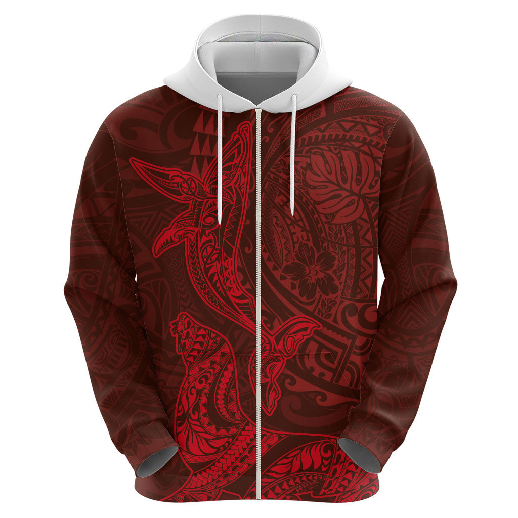 Hawaiian Monk Seal and Whale Hoodie Kakau Tribal Pattern Red Color