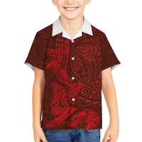 Hawaiian Monk Seal and Whale Kid Hawaiian Shirt Kakau Tribal Pattern Red Color