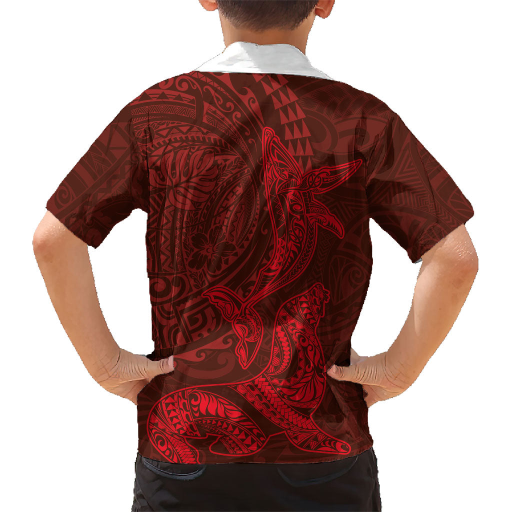 Hawaiian Monk Seal and Whale Kid Hawaiian Shirt Kakau Tribal Pattern Red Color