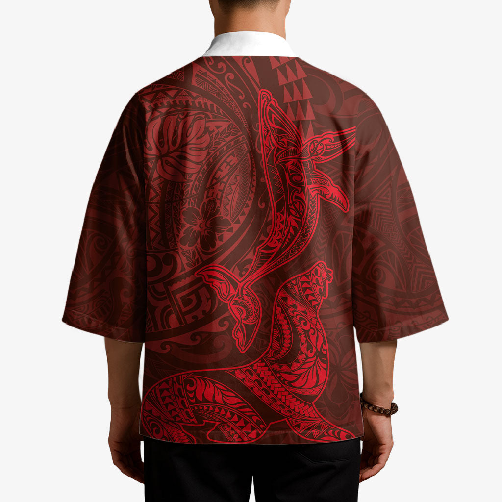 Hawaiian Monk Seal and Whale Kimono Kakau Tribal Pattern Red Color