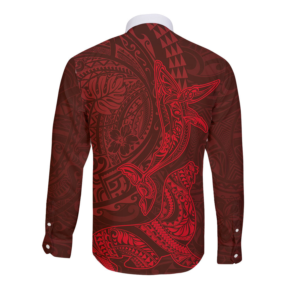 Hawaiian Monk Seal and Whale Long Sleeve Button Shirt Kakau Tribal Pattern Red Color