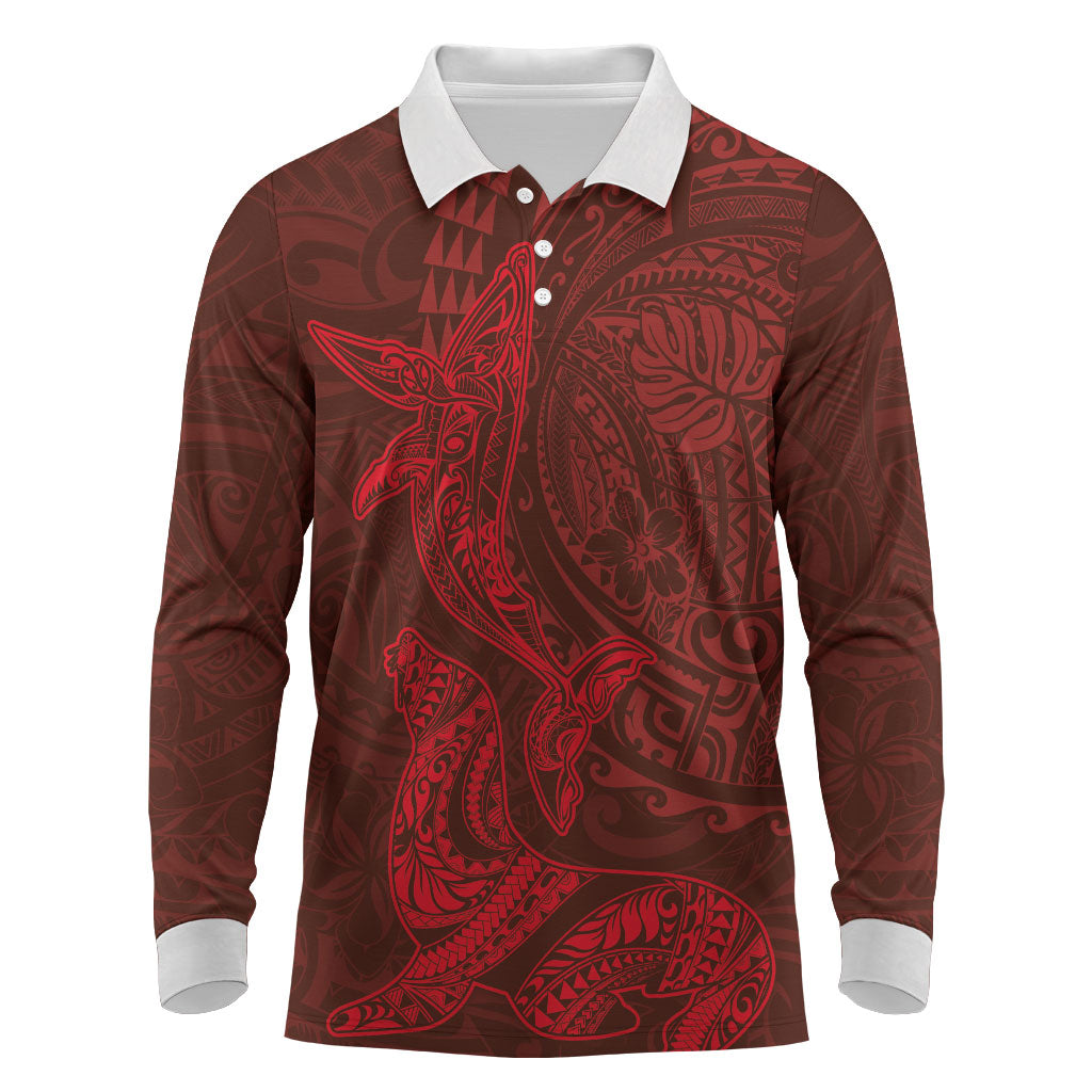 Hawaiian Monk Seal and Whale Long Sleeve Polo Shirt Kakau Tribal Pattern Red Color
