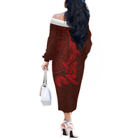 Hawaiian Monk Seal and Whale Off The Shoulder Long Sleeve Dress Kakau Tribal Pattern Red Color LT03 - Polynesian Pride