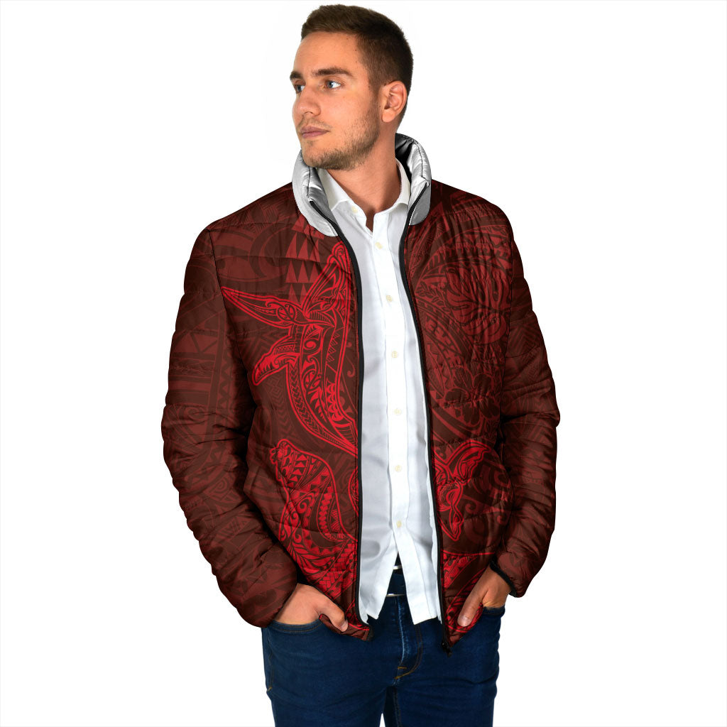Hawaiian Monk Seal and Whale Padded Jacket Kakau Tribal Pattern Red Color