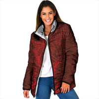 Hawaiian Monk Seal and Whale Padded Jacket Kakau Tribal Pattern Red Color