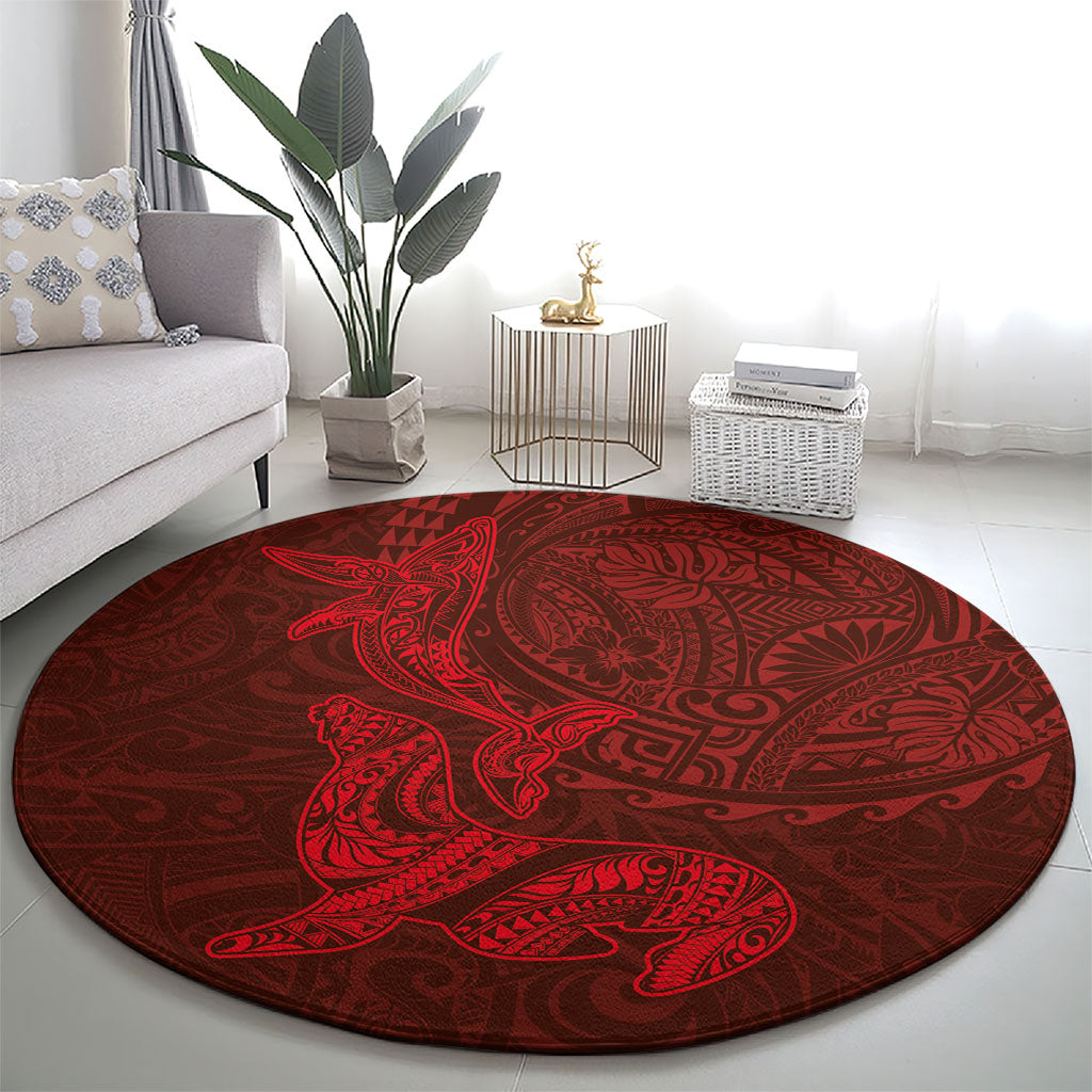 Hawaiian Monk Seal and Whale Round Carpet Kakau Tribal Pattern Red Color LT03 - Polynesian Pride