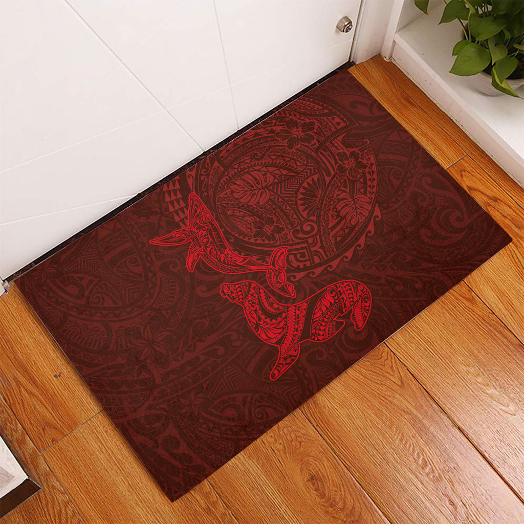 Hawaiian Monk Seal and Whale Rubber Doormat Kakau Tribal Pattern Red Color