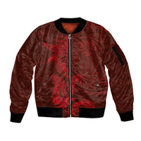 Hawaiian Monk Seal and Whale Sleeve Zip Bomber Jacket Kakau Tribal Pattern Red Color