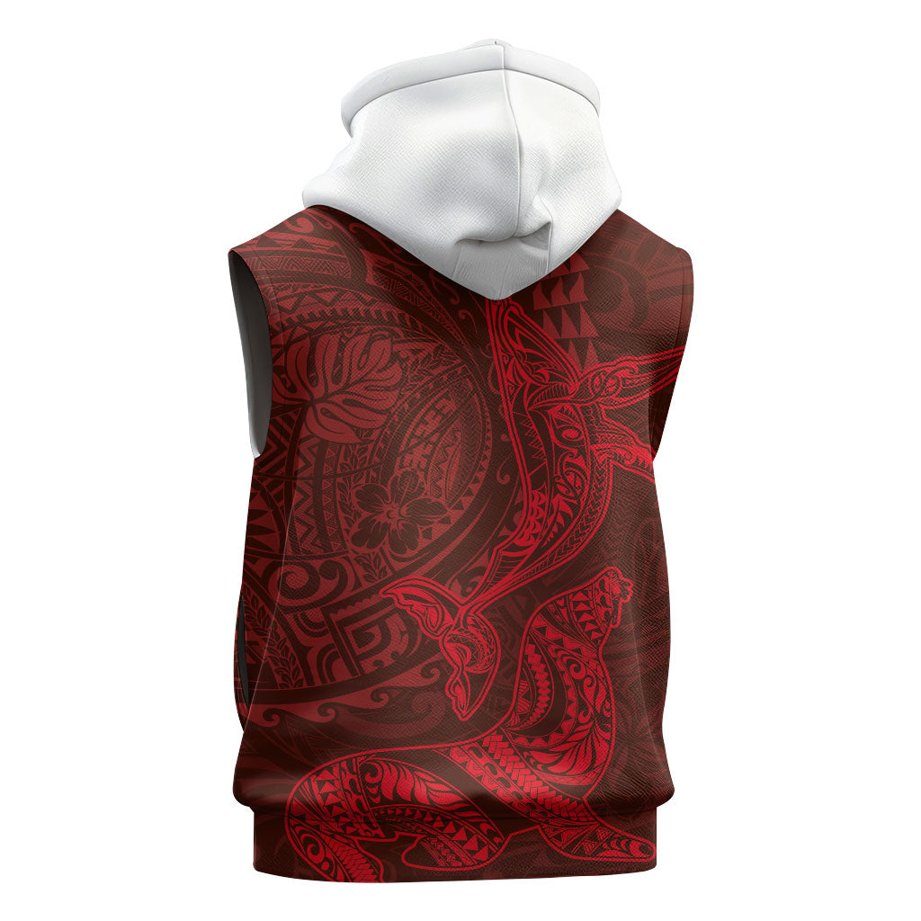 Hawaiian Monk Seal and Whale Sleeveless Hoodie Kakau Tribal Pattern Red Color