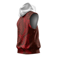 Hawaiian Monk Seal and Whale Sleeveless Hoodie Kakau Tribal Pattern Red Color