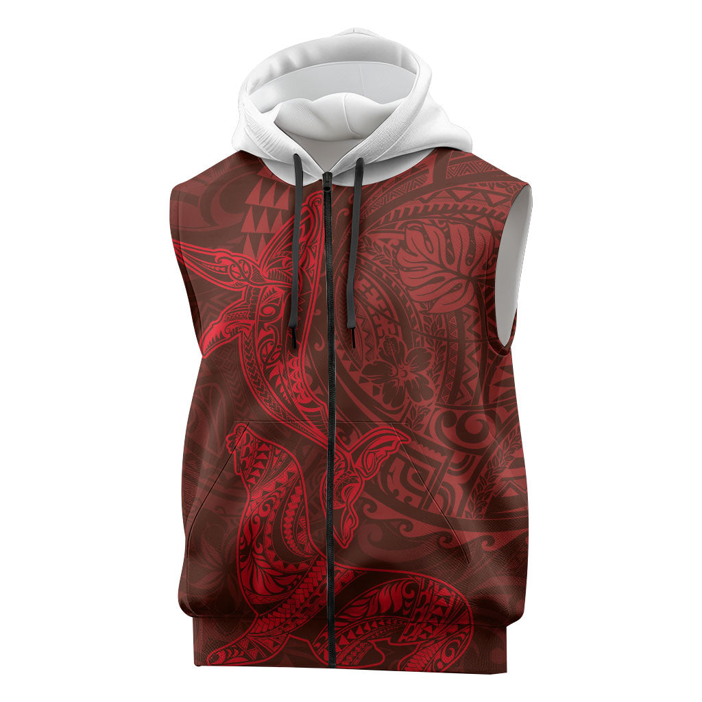 Hawaiian Monk Seal and Whale Sleeveless Zip Hoodie Kakau Tribal Pattern Red Color LT03 Red - Polynesian Pride