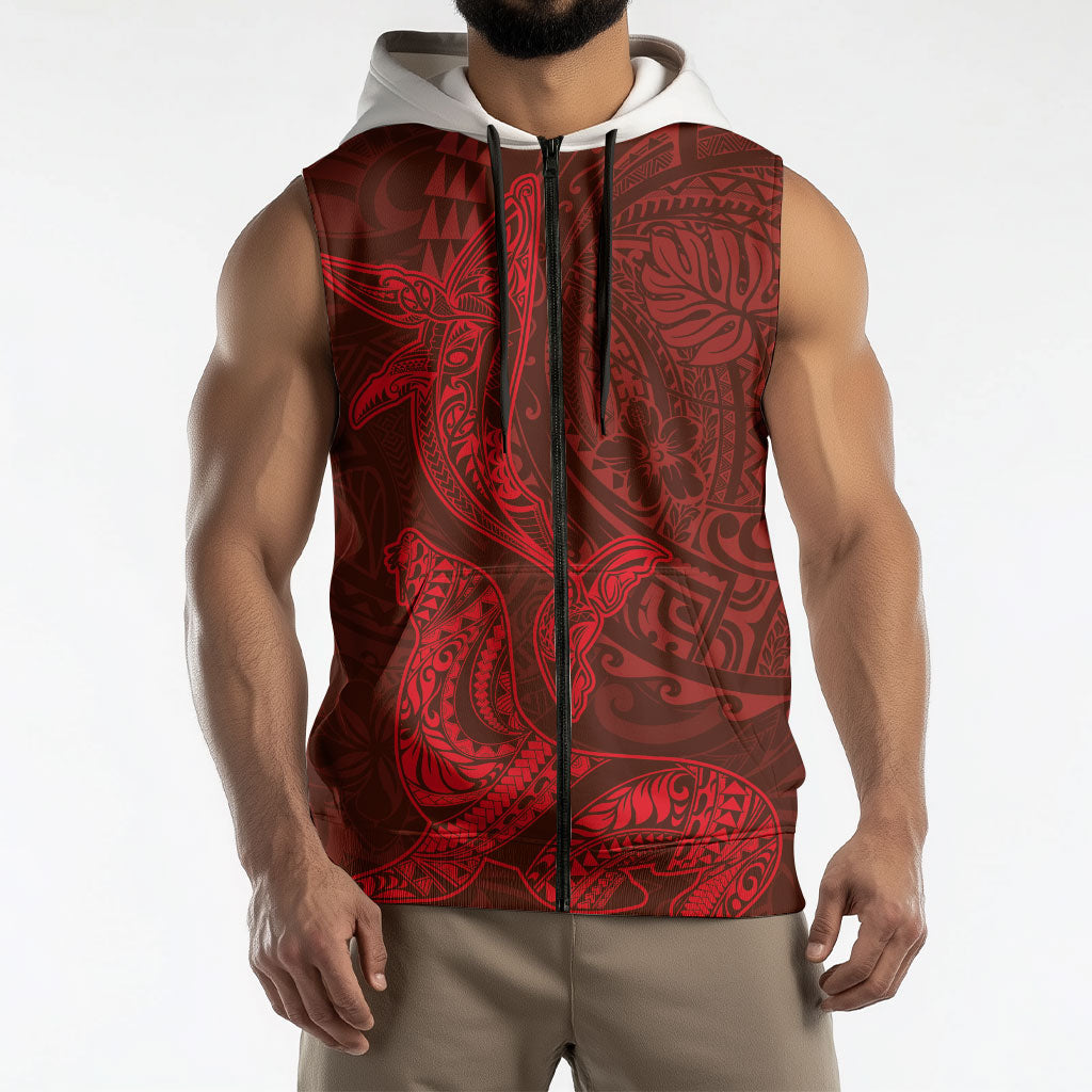 Hawaiian Monk Seal and Whale Sleeveless Zip Hoodie Kakau Tribal Pattern Red Color LT03 - Polynesian Pride