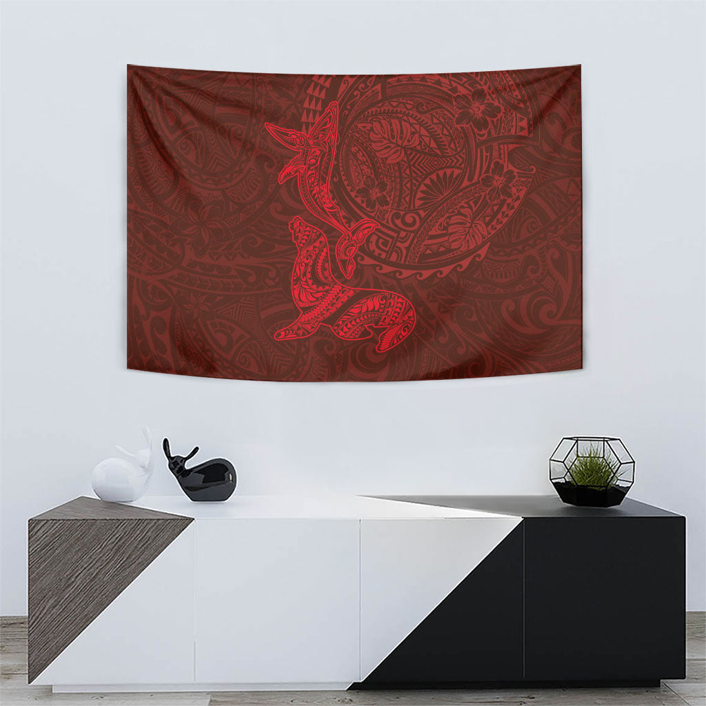 Hawaiian Monk Seal and Whale Tapestry Kakau Tribal Pattern Red Color