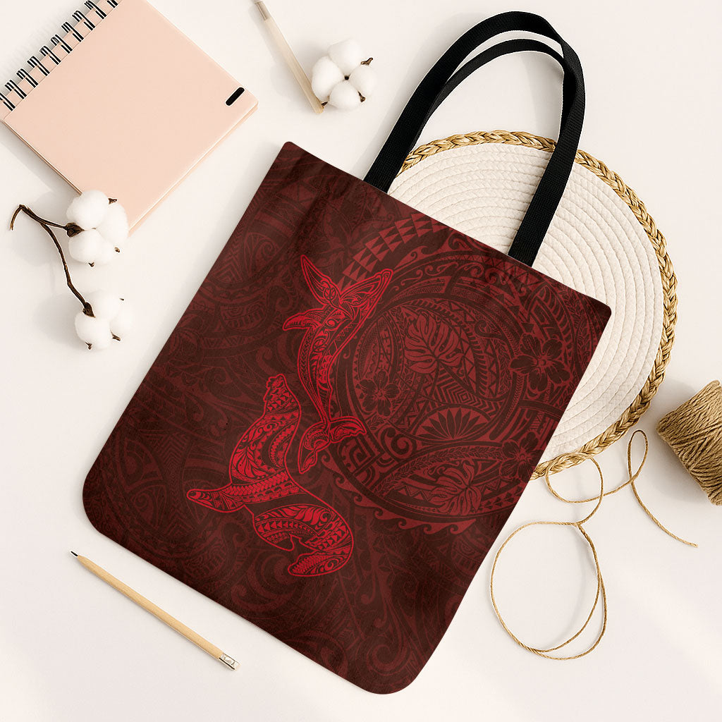 Hawaiian Monk Seal and Whale Tote Bag Kakau Tribal Pattern Red Color