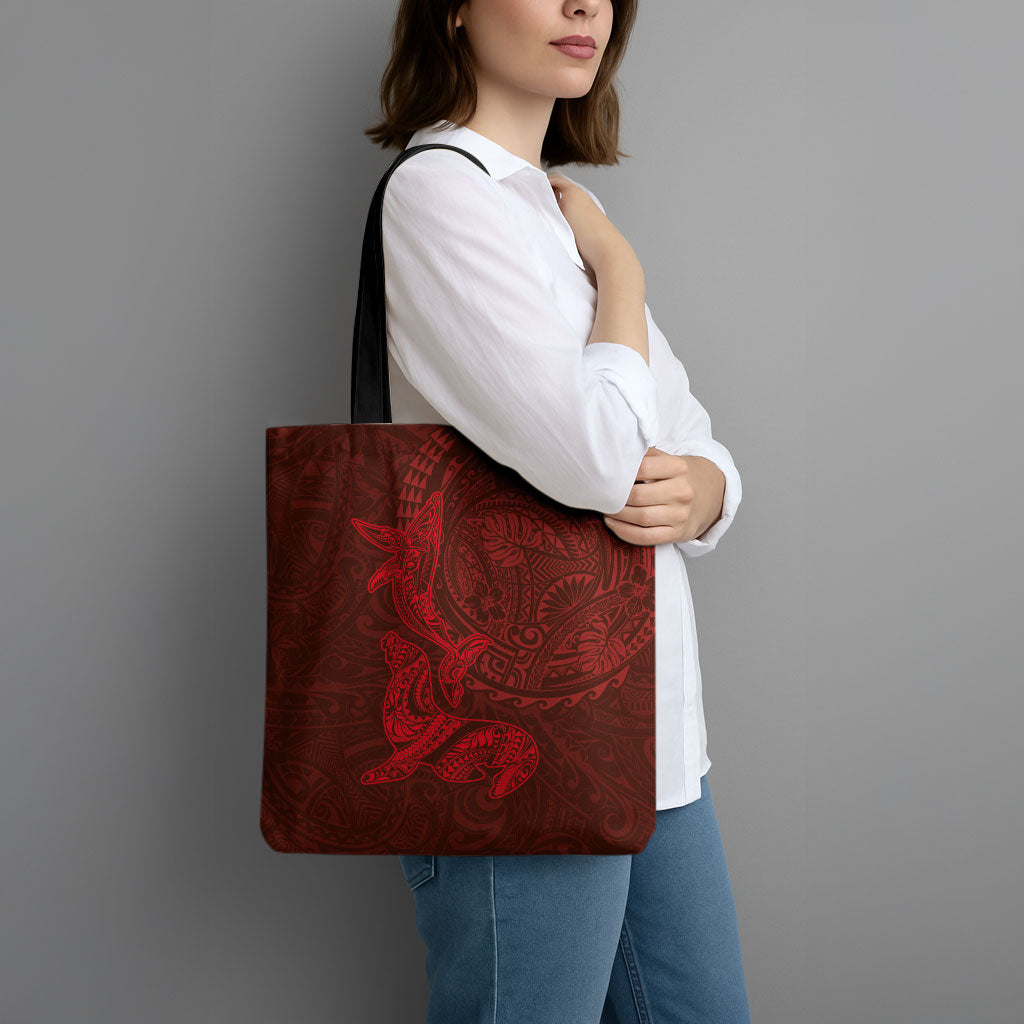 Hawaiian Monk Seal and Whale Tote Bag Kakau Tribal Pattern Red Color