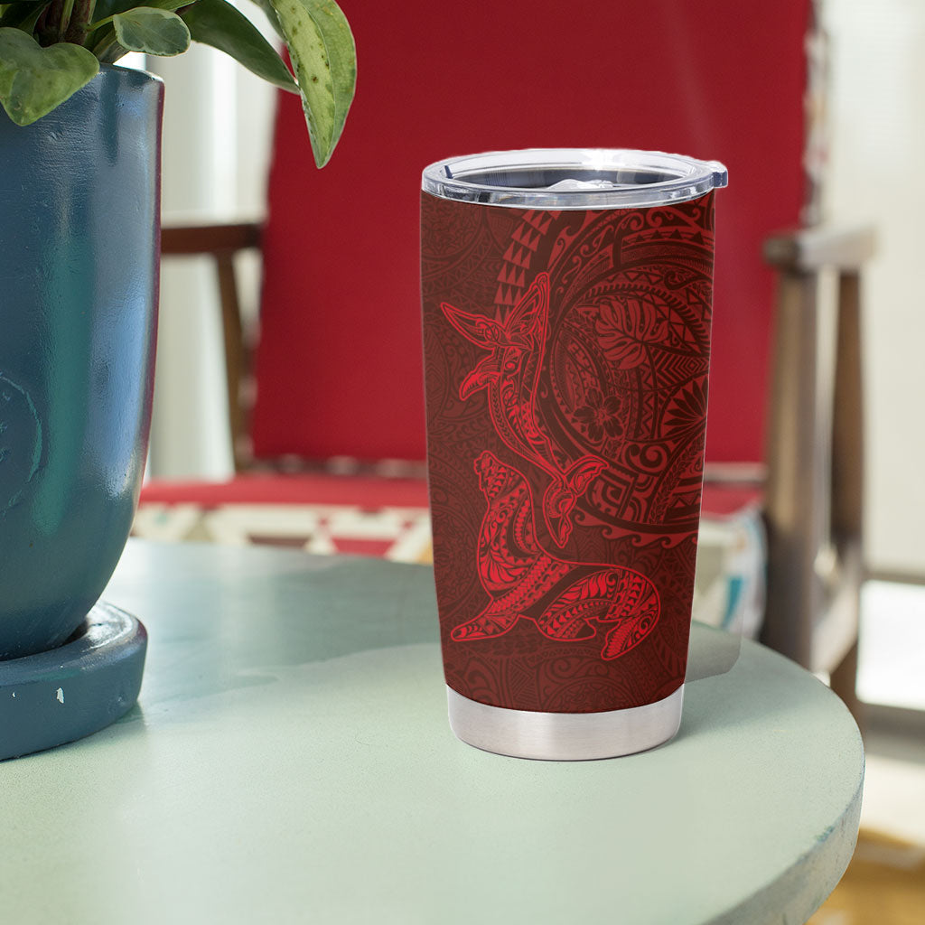 Hawaiian Monk Seal and Whale Tumbler Cup Kakau Tribal Pattern Red Color LT03 - Polynesian Pride