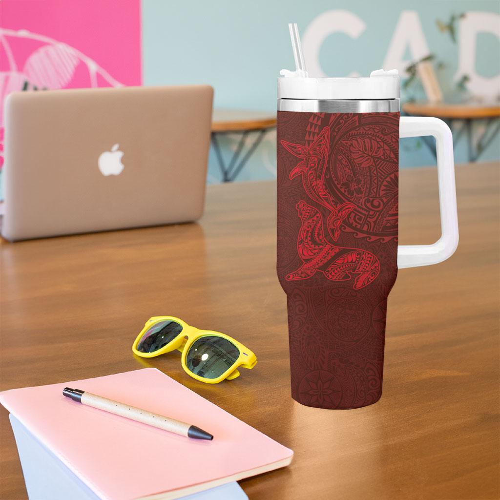 Hawaiian Monk Seal and Whale Tumbler With Handle Kakau Tribal Pattern Red Color LT03 - Polynesian Pride